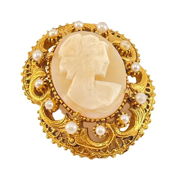 Vintage Florenza Gold Tone Cameo Pin Brooch Pendant Real Shell Cameo - Picture 1 of 6